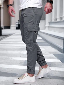 Manfinity CasualCool 男士成熟休閒黑色多口袋工裝束口慢跑長褲 - 深灰色 - 查看 3