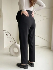 DAZY Black Maternity Drape Suit Straight Leg Ankle Pants, Elastic Full Belly Support Side Pockets Non-Binding Waist, Commute Casual High Waist Slimming - Black - View 2