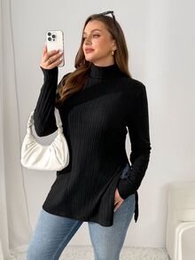 Shapeblank تي شيرت كاجوال مضلع للنساء بمقاس كبير، لون موحد، ياقة واقفة، وفتحة جانبية في الحافة - الأسود - مشاهدة 6