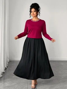 Elenzga Plus Size Women Elegant Casual Pearl Decor Long Sleeve Black & Red Maxi Dress Set - Multicolor - View 7