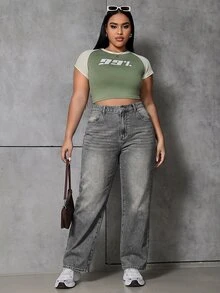 SHEIN ICON Plus Size Women's High Waist Wide Leg Loose Casual Denim Jeans With Pockets - Light Grey - View 5