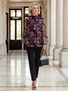 EMERY ROSE Floral Pattern Stand Collar Lantern Sleeve Elegant Blouse For Middle-Aged And Elderly Women - Multicolor - View 4