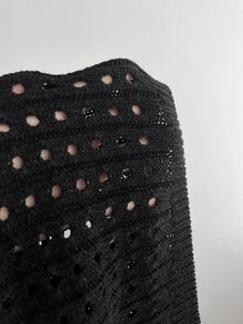 Elamini كنزة نسائية بلون موحد مع عقدة أمامية وأكمام راجلان طويلة ومفرغة وقصيرة - الأسود - مشاهدة 7