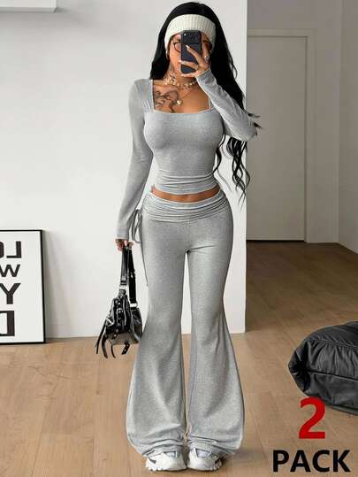Coolane Women's Fall/Winter Streetwear Casual Chic Going Out Basic Minimalist Comfortable Stretchy Knit Grey Slim Fit Square Neck Crop Top & Flare Pants 2pcs