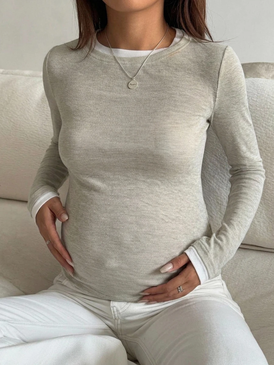 DAZY Patchwork Contrast Color Fitted Elastic Long Sleeve Base Layer Casual Daily Spring Autumn Maternity T-Shirt - Apricot - View 1