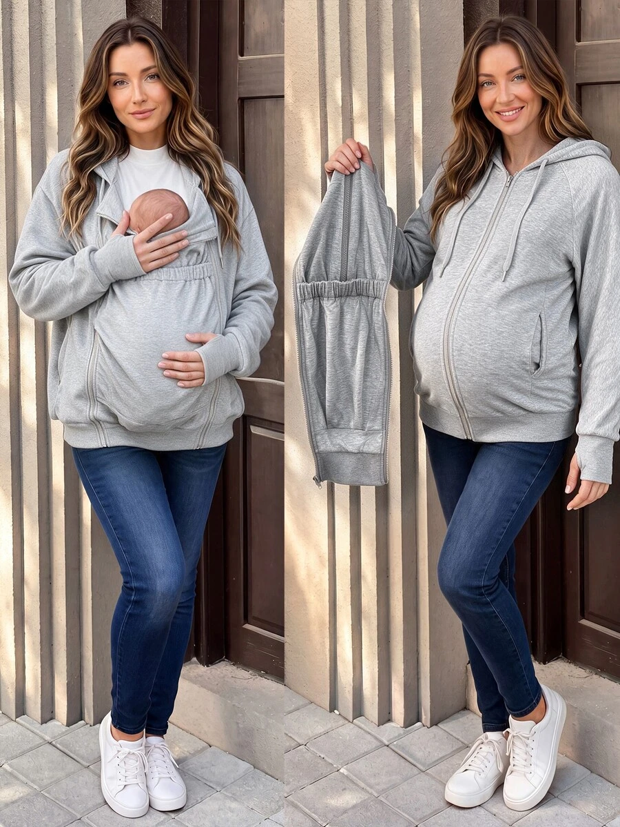 SHEIN Sweatshirt Nyaman Lengan Panjang Warna Polos untuk Ibu Hamil dengan Tudung yang Dapat Dilepas - Grey - View 1