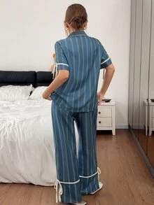 Napfluff 條紋印花休閒居家服撞色翻領短袖女款睡衣長褲套裝 - 青碧色 - 查看 2