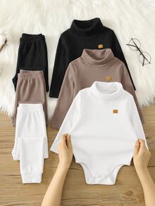 SHEIN 中性新生兒男嬰連身衣，純色保暖內裡加厚高領連身套裝，多件組，嬰兒秋冬服飾 - 彩色 - 查看 7