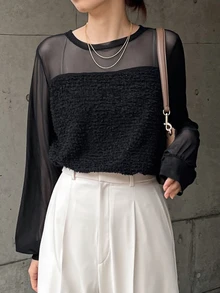 Dazy Kids Teen Girl Solid Color Contrast Mesh Round Neck Long Sleeve T-Shirt - Black - View 4