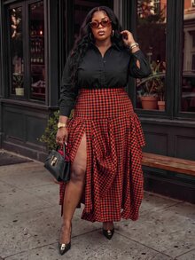 Slaydiva Plus Size Plaid High Slit Asymmetrical Pleated Midi Skirt - Orange - View 10