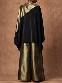 Zivah Elegant Women's Long Sleeve Patchwork Shiny Fabric Top & Wide Leg Pants 2 Pieces Set, Versatile For Commuting, Travel And Party - Black - View 2