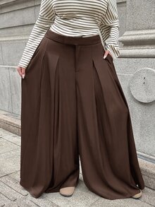 SHEIN EZwear 春夏純色百褶休閒大尺碼寬腿褲 - 巧克力棕 - 查看 1