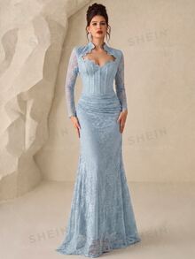 Coutiva 女款蕾絲長版正式晚禮服洋裝（重工風格） - 淺藍色 - 查看 1
