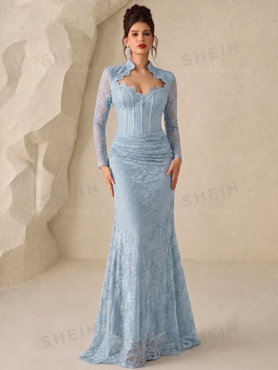 Coutiva 女款蕾絲長版正式晚禮服洋裝(重工風格) - 淺藍色 - 查看 1