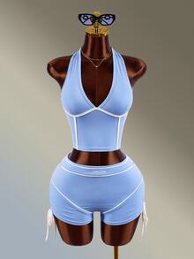 Amplova Setelan Olahraga Wanita: Atasan Tank Top Model V-Neck dan Celana Pendek - Biru - View 1