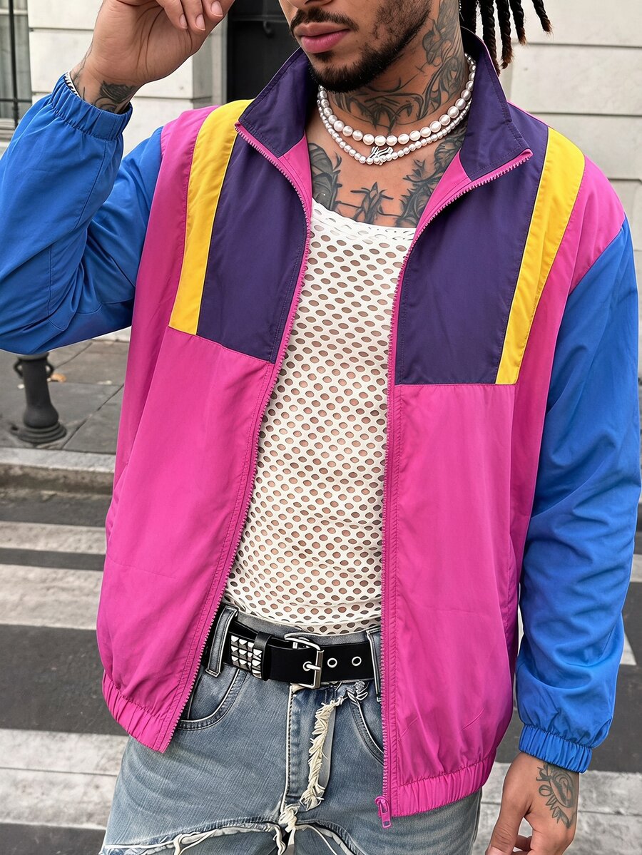 AXEPEAK 男士編織時尚休閒寬鬆拼接開襟夾克外套 - 彩色 - 查看 1