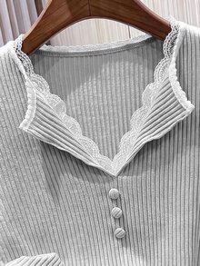 Rusticease Women's Solid Color Button Design Long Sleeve Casual French Elegant Ribbed Top Everyday Date Light Grey Autumn - Light Grey - View 5
