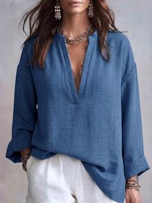 Breezaya Plus Size Women Solid Color Notched V-Neck Long Sleeve Casual Loose Fit Top - Blue - View 1