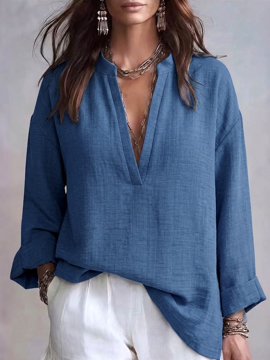 Breezaya Plus Size Women Solid Color Notched V-Neck Long Sleeve Casual Loose Fit Top - Blue - View 1