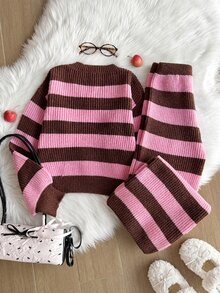 Tween Girl Autumn/Winter Fashion Pattern Jacquard Knit Sweater Long Sleeve Pullover & Long Pants Set - Multicolor - View 2