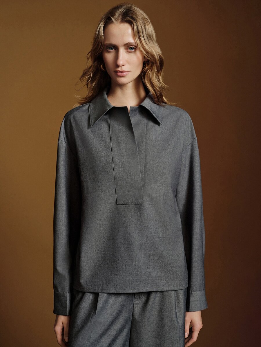 Anewsta Essential Kemeja Tenun Wanita Komuter Elegan Warna Abu-abu dengan Plaket Tersembunyi dan Kerah Oversized - Grey - View 1