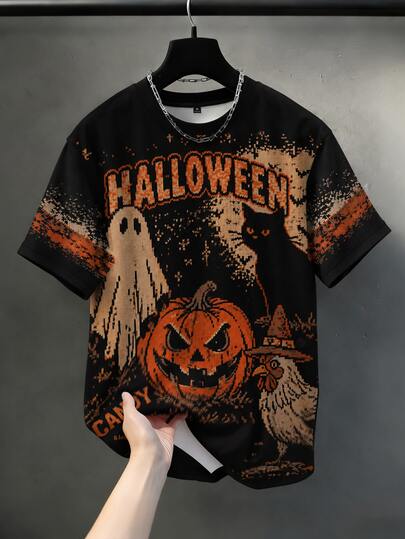 Manfinity Roghcode Herren Große Größen Halloween Grafik T-Shirt, Kürbis Geist Katze Eule Muster T-Shirt, lockerer Schnitt Kurzarm Streetwear Top