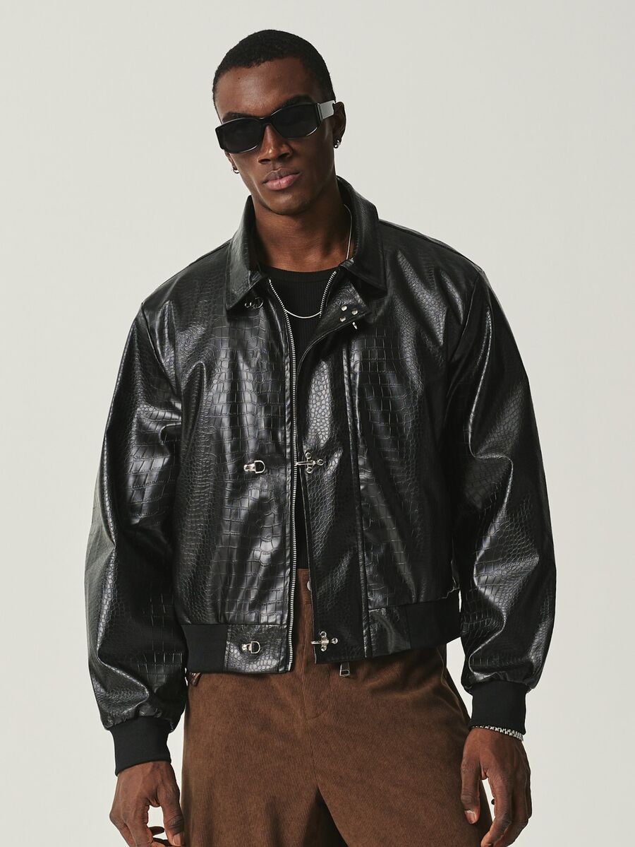 STYNVO Men's Solid Color Lapel Zip-Up Fashion Jacket - Black - View 1
