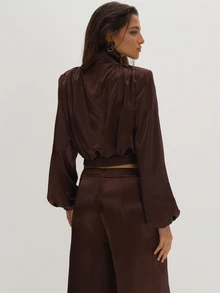MUSEYN Brown Satin High Neck Shoulder Pad Bomber Jacket Classy Date Night Chic Evening Fall - Chocolate Brown - View 5