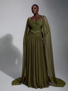 Elitara Plus Size Elegant Fashion Romantic Olive Green Stretch Fabric Beaded Decor Extra Long Flutter Sleeves Shell Chest A-Line Maxi Dress Suitable For Vacation Wedding Event Guest Formal Party Bachelorette Party Evening Gala - Olive Green - View 8