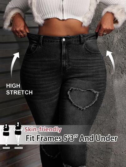 SHEIN PETITE CURVE Plus Size Fashion Versatile Button Applique Embroidered Jeans Fall/Winter Formal Business Chic All-Match Goth Halloween Christmas Festival PETITE CURVE