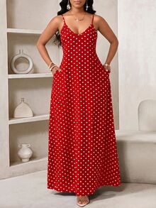 SHEIN Lady 女款波點印花口袋肩帶洋裝 - 紅白色 - 查看 5