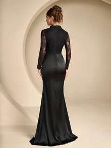 Coutiva Women's Lace Long Formal Evening Gown Dress (Heavy Workmanship Style) - Black - View 2