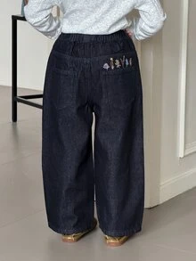 DAZY Jeans Denim Gelap Cuci Longgar Kasual Kaki Lurus dengan Desain Pola Bordir untuk Anak Perempuan Muda, Musim Gugur/Dingin - Dark Wash - View 5