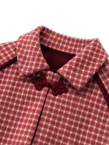 Nöista Women's Jacket With Checks Fabric. Oriental Buttons On The Planket For Closing In Contrast Color, Perfect For Fall Winter, Casual, Cute - Red - View 10