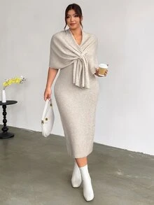 Firerie Atmospheric Knit Cover Up Dress With Multiple Wearing Styles, Knot Detail, V Neck, Loose Fit, Flattering Silhouette, Versatile Fall Cocktail Grey - Apricot - View 6