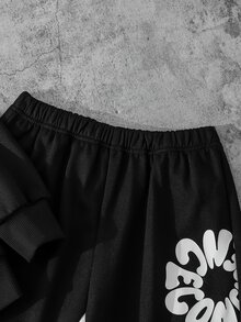 【8-12歲】男童秋冬新款黑白拼色連帽衛衣＋長褲兩件套：美式街頭高時尚風格 3D字母印花運動套裝，寬鬆落肩版型，適合返校季、戶外運動、街舞、滑板及日常休閒穿著 - 黑色 - 查看 8