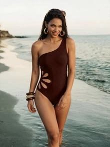 CAJUNI  Solid Color One-Shoulder Cutout One-Piece Swimsuit, Suitable For Beach Vacation, Pool Party, Beach Party Bikini - Brown - View 6