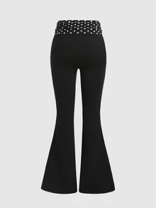 SHEIN 青少年女孩波點拼接保暖內裡內搭褲，適合休閒與戶外穿著 - 黑色 - 查看 4