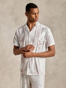 EverLounge Conjunto de ropa de estar en casa para hombre con cuello de solapa, estampado integral, manga corta y pantalones largos - Multicolor - Ver 4