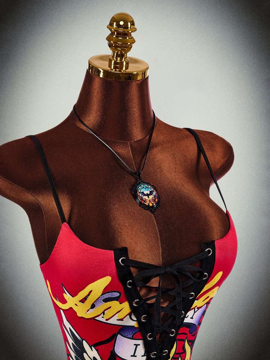 Amplova Halloween Party Event Strap Design Pattern Style Low-Cut Sexy Mini Dress - Red - View 1