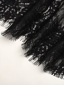 SHEIN 青少年女孩春秋冬季黑色針織不對稱領長袖蕾絲拼接下擺洋裝，適合日常穿著、派對 - 黑色 - 查看 4