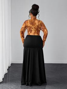 Maweii Plus Size Orange Mesh Patchwork Fitted Long Sleeve Waist-Cinching Dress For Women - Orange - View 6