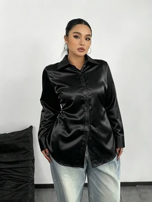 POPSWAY Kemeja Kasual Serbaguna untuk Wanita Ukuran Besar dengan Warna Polos, Cocok untuk Pemakaian Sehari-hari - Hitam - View 4