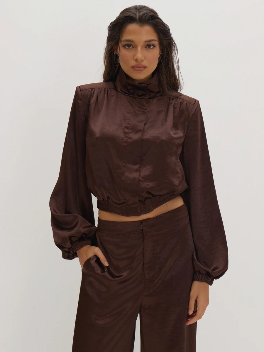 MUSEYN Brown Satin High Neck Shoulder Pad Bomber Jacket Classy Date Night Chic Evening Fall - Chocolate Brown - View 1