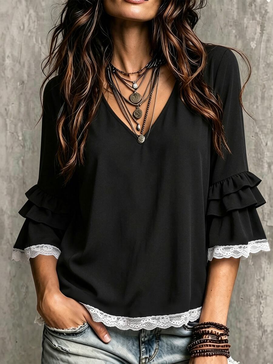 SHEIN LUNE Women's Fall Vintage Boho V-Neck Contrast Color Ruffle Design Blouse, Multi-Layer Flared Sleeve Lace Trim Loose Black And White Shirt, Casual Brunch - Black - View 1