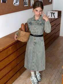 DAZY Tween Girls Denim Dress, Washed Lapel Collar, Casual Fashion, Creative Personalized Fresh Cute - Medium Wash - View 5