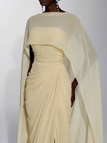 Elitara Elegant Minimalist Classical Chiffon Shawl Strapless Handmade Pleated Fishbone Internal Corset Waist Bodycon Slit Train Long Dress Cream Fall - Yellow - View 8