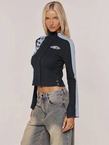 MUSERA Cropped Zip Hoodie Relaxed Fit Sweatshirt Back To School Cosy Cute Casual Everyday Y2K Streetwear Capsule Wardrobe Black Vacation Spring Holiday - Dark Grey - View 4