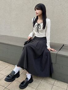 FRIFUL 女款波點印花前綁帶長袖休閒T恤 - 白色 - 查看 3