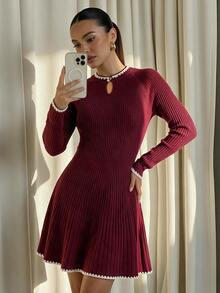 Modelyn Women's Pleated Elegant Autumn/Winter Long Sleeve Sweater Dress - Burgundy - View 4